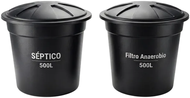Sistema séptico cónico de 1.000 litros formado por un tanque séptico y un filtro anaerobio de 500 litros cada uno
