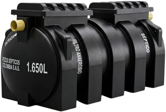Pozo séptico integrado de 1.650 litros con cámara séptica y filtro anaerobio unidos en un tanque horizontal