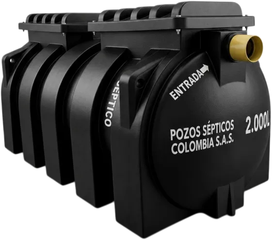 Pozo séptico integrado de 2.000 litros en una sola pieza horizontal con nervaduras de refuerzo y tubos de entrada y salida